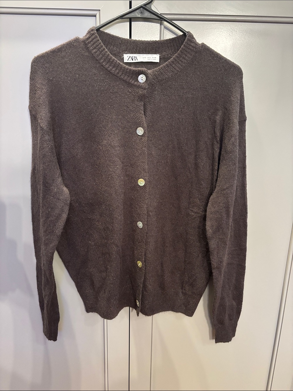 Zara Dark Brown Button-Front Crewneck Cardigan Sz S